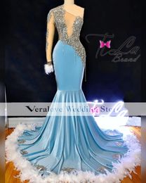 Luxury Prom Dresses Mermaid 2k23 One Shoulder Feather African Girl Evening Dress Gala Meet Occasion Party Gowns