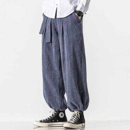 Men's Pants Japanese Corduroy Belt Plus Size Casual Pants Chinese Loose Bloomers 2022 Fashion Harajuku Trousers Men's Loose Jogging Pants Z0225