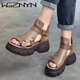 Sandals Genuine PU Leather Retro Women Platform Sandals Open Toe High Top Shoes Hollow Out Sandals Hook Loop Ladies Sandals Thick Heel Z0224