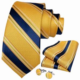 Neck Ties New Fashion Men Yellow Wide Blue Striped Silk Ties Brooch Hanky Cufflinks Tie Ring Set Wedding Tie Formal Dress Cravat DiBanGu