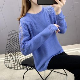 Women's Sweaters Women Sweater Embroidered Flower Pattern Skin-Touch Casual Spring Autumn See-through Lace Stitch Knitting Top