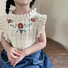 Clothing Sets Princess Girls Summer Plaid Embroidered Top Female Baby Korean Version ChildrenClothing Flying Sleeve Flower Shirt Vest 230225