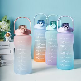 Water Bottles 2L Large-Capacity Gradient Water Bottle Sports Frosted Cup with Straw Time Marker Drinking Bottle Leak-Proof Bounce Lid Jugs 230224