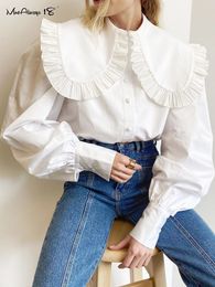 Women's Blouses Shirts Mnealways18 Big Peter Pan Collar Ruffle Womens Blouse Long Sleeve White Cotton Casual Tops Female Spring Summer Frill Shirt 230225