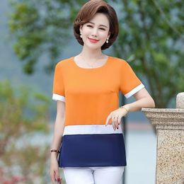 Women's T Shirts Summer Chiffon Tee Middle Aged Women O-Neck Short Sleeve Mother Tops Casual Plus Size Clothes