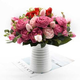 Faux Floral Greenery 30cm Rose Pink Silk Peony Artificial Flowers Bouquet 5 Big Head and 4 Bud Cheap Fake Plants for Home Wedding Decoration In Door Y2302