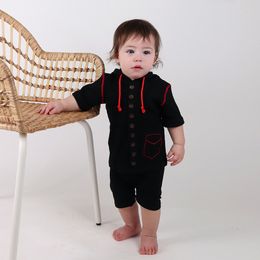 T shirts Kids t shirt short sleeve black ribbed with hood front buttons baby boy girl clothes summer clothing red stitching pocket string 230224