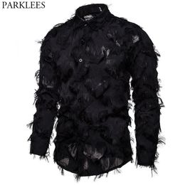 Men's Casual Shirts Sexy Black Feather Star Clubwear Shirt Men Stage Prom Dress Shirts Mens Party Dinner Event Prom Shirt Male Chemise Homme 230225