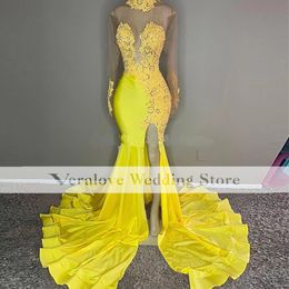 Veralove Long Sleeves Mermaid Prom Dresses Yellow Sexy Slit Formal Occasion Party Dress Robes De Bal