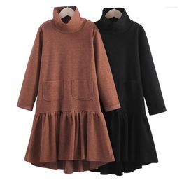 Girl Dresses 4 To 16 Years Kids & Teenager Girls Winter Turtleneck Pocked Flare Dress Children Fashion Casual Asymmetrical