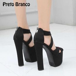 Sandals PRETO BRANCO 17Cm Stage Catwalk Super High Heel Coarse Heel Sandals Zipper Black High Heels Female Summer Womens Sandals ZYW Z0224