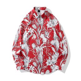 Men's Casual Shirts Dark Floral Shirt Long Sleeve Men Women Button Up Red Shirts for New Year Male Top Z0224