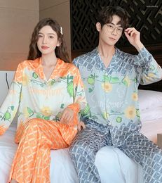 Women's Sleepwear Couple Silk Pajamas 2 Piece Sets Printing Long Sleeve Single-breasted Top Trousers Cartoon Loungewear Pijamas For Women