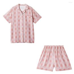 Women's Sleepwear Couple 2PCS Plaid Pyjamas Sets Sexy Notched T-Shirts&Shorts Pyjamas Suit Summer M-XL Nightwear Casual Home Clothing