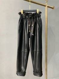 Womens Pants s Real Leather Pants High Waist Chains Stitching Genuine Sheep Leather Female Was Thin with Pockets Wy892 230225