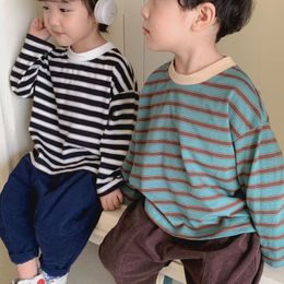 T shirts 3339B Children s Long Sleeve shirt Cotton Striped Shirt Autumn Casual Loose Boy s Girl s Bottoming 230224