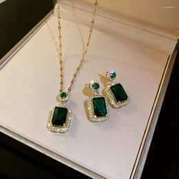 Necklace Earrings Set 925 Silver Needle Zircon Emerald Crystal Geometric For Women Retro Super Shiny Stud Jewellery