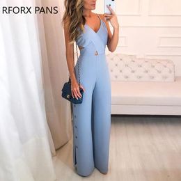 Womens Jumpsuits Rompers Crisscross Spaghetti Strap Button Slit Side Jumpsuit 230224