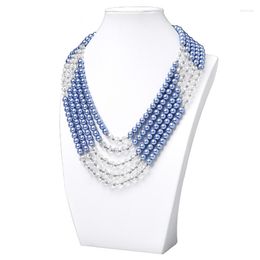 Chains 6x8mm Blue Beads With 8x10&8mm Faceted Transparent Making Design 5 Rows Imitation Pearls Necklace 19inch H441