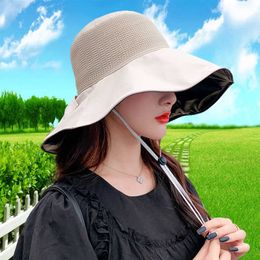 HBP Hats Wide Female Brim Beach UV Protection Hollow Sun Shade Vinyl Summer Mesh Bucket Hat Tide P230327