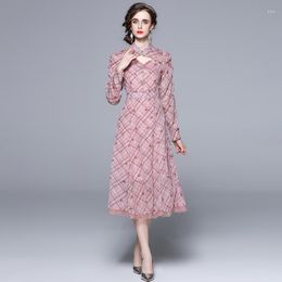 Casual Dresses Elegant Pink Plaid For Women 2023 Spring Floral Print Mandarin Collar Puff Sleeve Chinese Cheongsam Fashion Midi