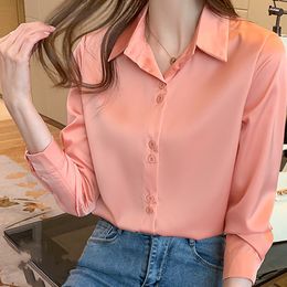 Women's Blouses Shirts Women's Silk Shirts V-neck Solid Laides Tops Womens Fall Fashion Satin Long Sleeve Blouses Button Up White OL Vintage Top 230225