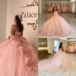 Pink Wedding Dresses Lace Up Appliqued Off The Shoulder Bow Princess Ball Gown Bridal Gowns Wear Sweet 16 Dress Vestidos Custom Made BC15133