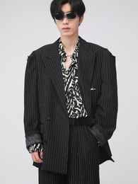 Men's Suits & Blazers Men Clothing Koean Streetwear Casual Stripe Suit For Male 2023 Autumn Loose Simple Long Sleeve Shoulder Pads BlazersMe