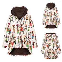 Women's Jackets Women Winter Warm Coat Outwear Floral Print Hooded Jacket Pockets Vintage Oversize Soft Long Sleeve Fleece