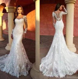 Modern Mermaid Wedding Dresses 3D Appliqued Lace Sheer Neck Long Sleeve Bridal Gowns Illusion Wedding Dress robe de
