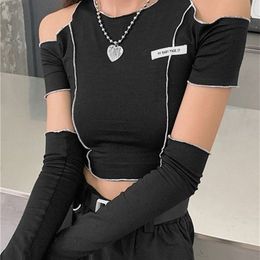 Women's Two Piece Pants Goth Dark Women Black Gothic Crop Tops Open Shoulder Sleeve Korean Casual Fashion Hip Hop 230224