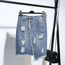 Skirts Plus Size Fashion Midi Denim Skirt Women 2023 Summer Light Blue Hole Ripped Jeans Female Button Tassel School