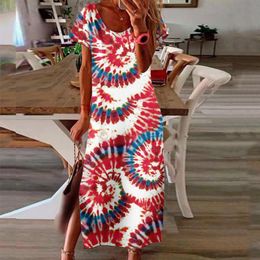 Casual Dresses Summer Loose Long Dress Women 2023 Short Sleeves Printing Ladies Slit Bohemian Midi Female Vintage Beach DressCasual