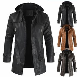 Men's Leather Faux Leather Autumn and winter medium long hooded men motorcycle riding leather coat men wide and comfortable large size leather windbrea 230225