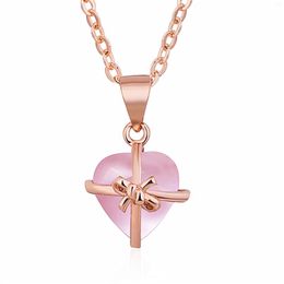 Pendant Necklaces Pink Crystal Heart Shaped Rose Gold Colour Necklace Original 925 Sterling Silver Jewellery For Women Girls