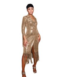 Casual Dresses Gold Silver Sequin Tassel Prom Shirt Dress Elegant Luxury Long Evening Gowns For Women Night Club Outfits Party DressesCasual