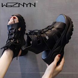 Sandals Woman 2021 Summer Sandals Fish Mouth Thick Heel Highheeled Roman Shoes Fashion Thick Versatile Shoes Leather Gladiator Sandals Z0224