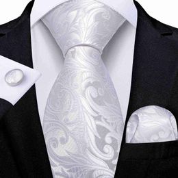 Neck Ties DiBanGu Designer White Grey Sliver Men's Ties Hanky Cufflinks Set Silk Neck ties For Men Wedding Party Business Mens Tie