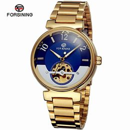 Wristwatches Forsining Ocean Dial Design Mechanical Watch Skeleton Golden Full Stainless Steel Mens Automatic Watches Top Clocks Wristwatche