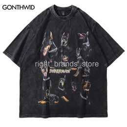 Men's T-Shirts Oversize Distressed T Shirts Hip Hop Vintage Doberman Dog Print Punk Rock Gothic Tshirt Streetwear 2022 Harajuku Casual T-Shirt0225V23