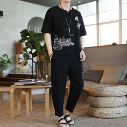 Ethnic Clothing Chinese Traditional Men Summer Pants Short Sleeve T-Shirt Retro Print Tang Suit Cotton Linen Plus Size Casual Hanfu Shirt KK