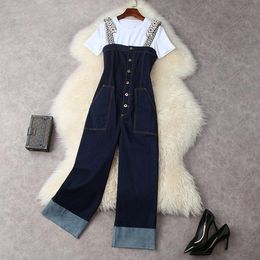 Women's Two Piece Pants European And American Wear For Summer 2023 Short Sleeved White T-shirt Denim Overalls Fashion SuitsWomen