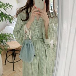 Women's Robe Japanese-style Female Kimono Summer Plaid Crepe Ladies Thin Cotton Nightgown Women Bathrobe Robe Home Service Pajamas 230225