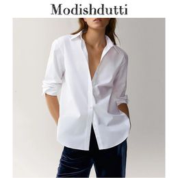 Women's Blouses Shirts Modishdutti Spring Autumn Women Fashion Leisure England Style Office Shirt Female Solid Colour Simple Lapel Poplin Blouse 230225