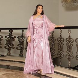 Ethnic Clothing Satin Inner Dress 3 Piece Set Women Abaya 2023 Feather Diamond Solid Colour Open With Belt Muslim Woman Dubai Arab Moroccan