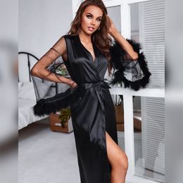 Women's Robe Hiloc See Through Satin Pajamas With Feathers Robes Patchwork Sexy Robe Long Flare Sleeves Sleepwear Women'S Dressing Gown 230225
