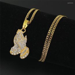 Pendant Necklaces 2023 The Praying Hands Pendants & Brother Gift Gold Color Crystal Alloy Hip Hop Men Chain Jewelry Long Party