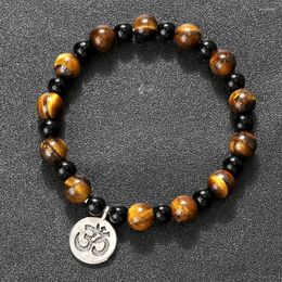 Strand Fashion Om Symbol Pendant Bracelets Women Men Black Onyx Lava Beads Elastic Rope Buddhist Bracelet Friendship Lucky Jewelry Gift