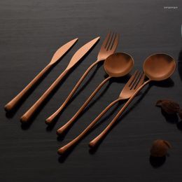 Dinnerware Sets Kitchen Utensils Rose Gold Tableware Vintage Cutlery Stainless Steel Matte Complete Round Handle Fork Spoon Knife