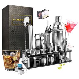 Bar Tools Cocktail Making Set Shaker Stainless Steel Tool tender Kit with Display Stand Ice Cube Mixing Spoon Recipes Book Gift 230225